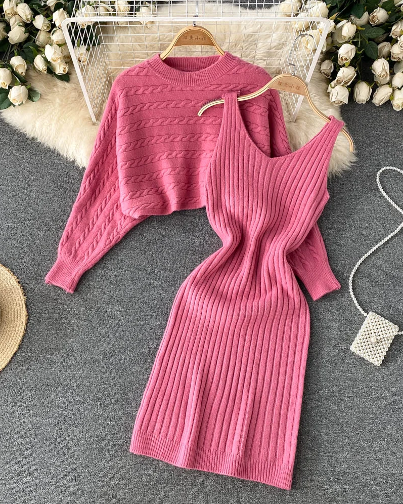 Pankh Toris Women Elegant Two piece woolen bodycon sleeveless dress and sweater