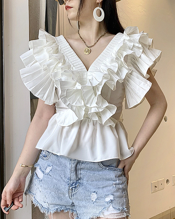 Pankh Carson Frill Pure Cotton V-Neck Blouse