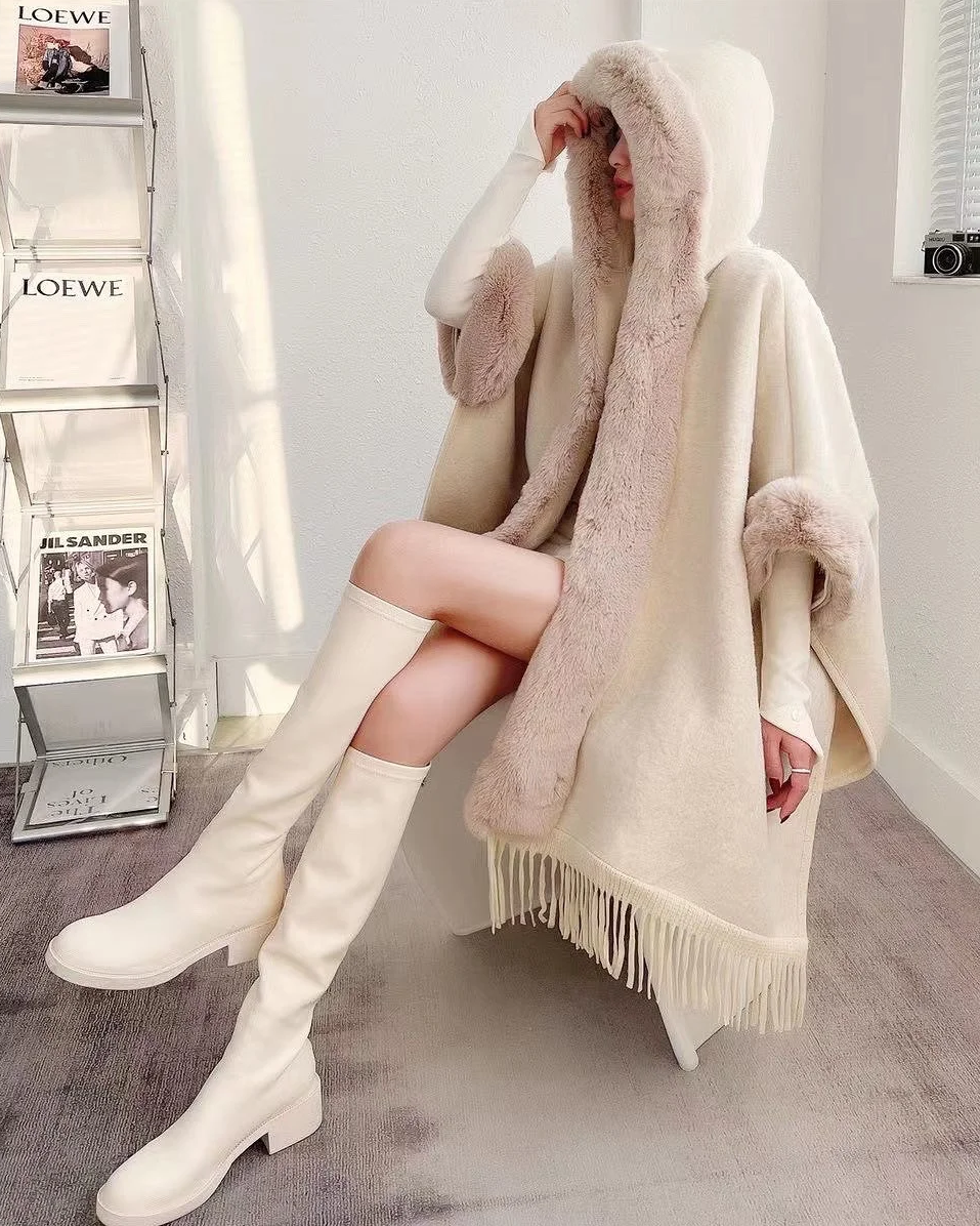 Sherry Luxury Women Faux Rex Rabbit Fur Coat Cape