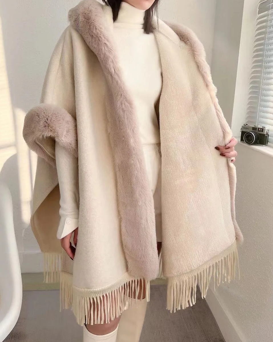 Sherry Luxury Women Faux Rex Rabbit Fur Coat Cape