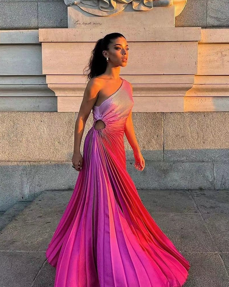 Pankh Welby One Shoulder Tie Dye Pleated Maxi Dress