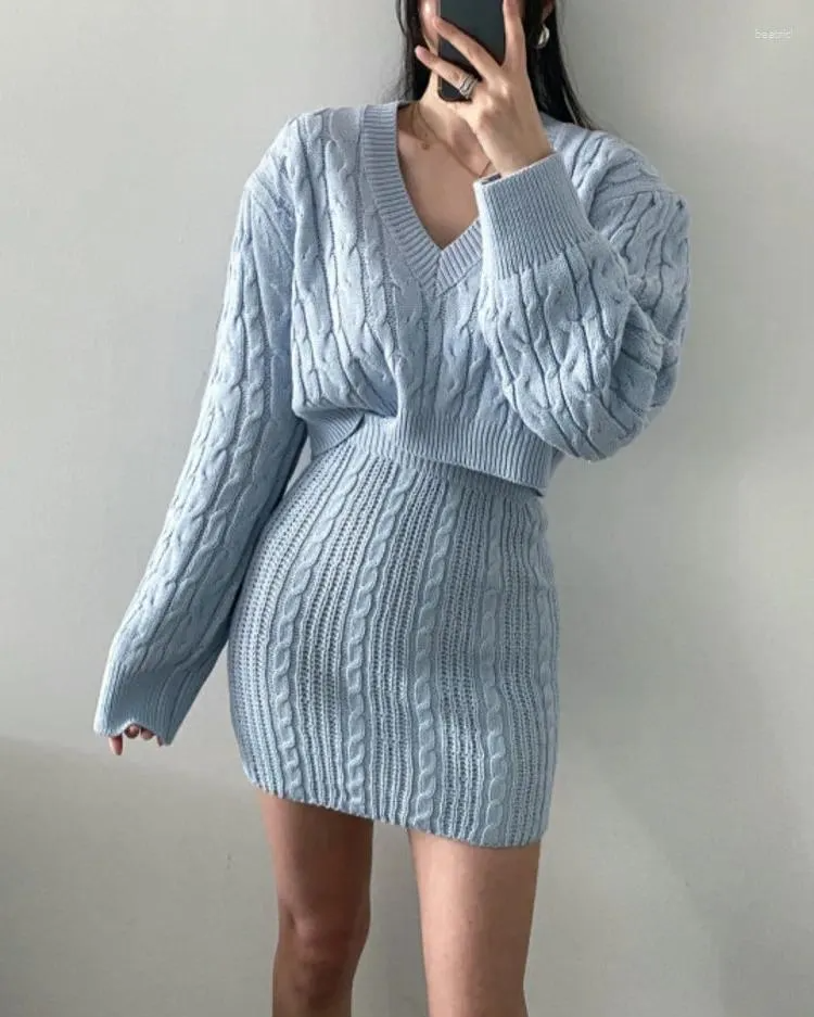 Pankh Ray V-Neck Cable Knit Sweater And Mini Skirt