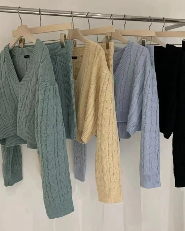 Pankh Ray V-Neck Cable Knit Sweater And Mini Skirt