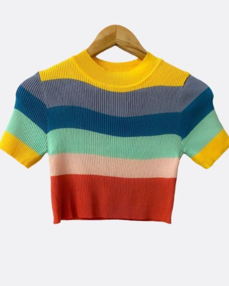 Rainbow Tshirt For Women Striped Crop Top