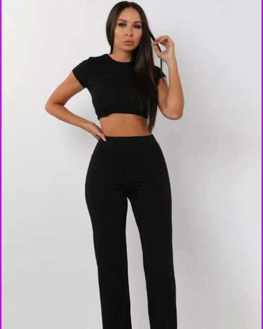 Leressa Ribbed O Neck Crop Top and Long Pants Set