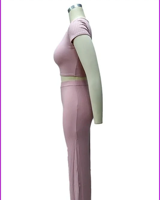 Leressa Ribbed O Neck Crop Top and Long Pants Set