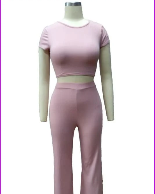 Leressa Ribbed O Neck Crop Top and Long Pants Set