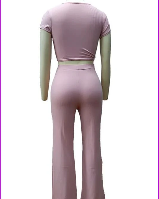 Leressa Ribbed O Neck Crop Top and Long Pants Set