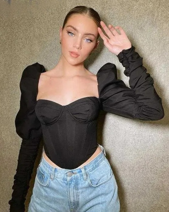Laurenz cotton puff shoulder corset crop top