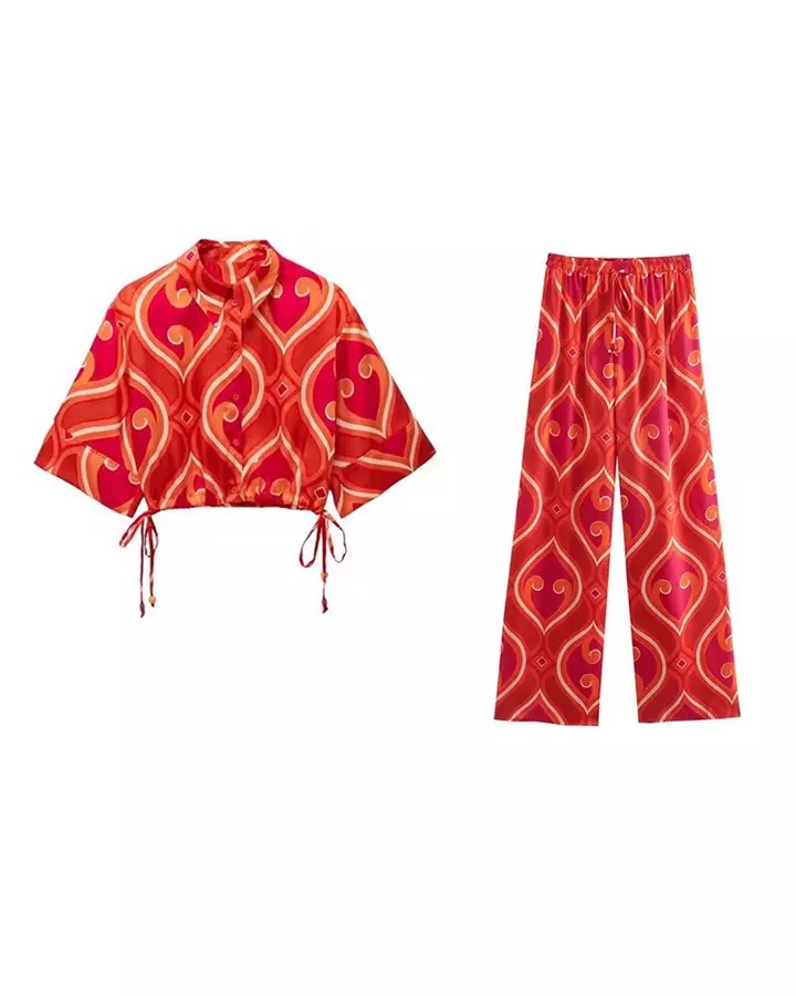 Mango silk blend printed summer crop top and Pant coord set