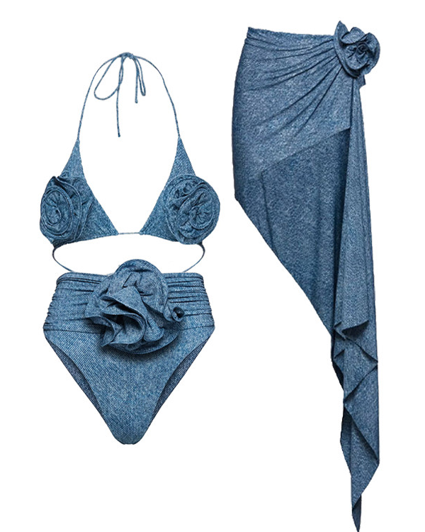 Pankh Sufi Denim Print 3D Rose Bikni Set With Skirt Coverup Set