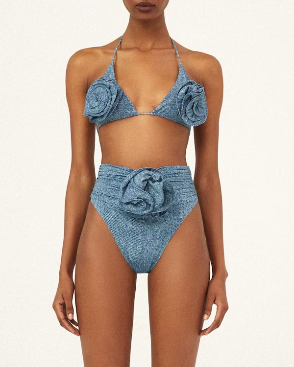 Pankh Sufi Denim Print 3D Rose Bikni Set With Skirt Coverup Set