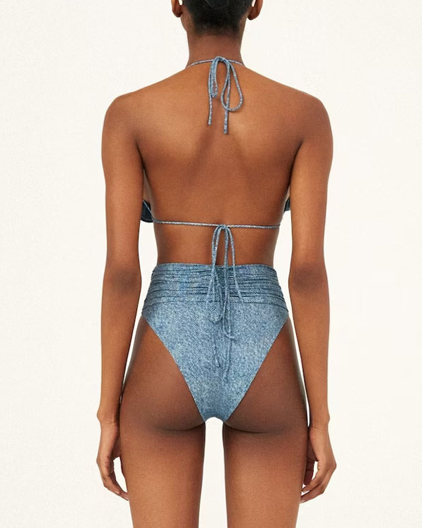 Pankh Sufi Denim Print 3D Rose Bikni Set With Skirt Coverup Set