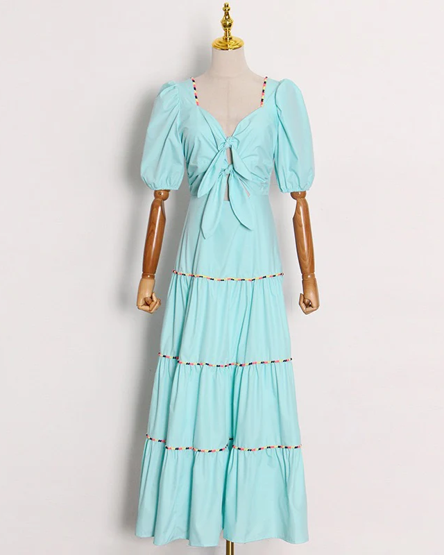 PANKH REI CUT OUT PUFF SLEEVE LONG DRESS