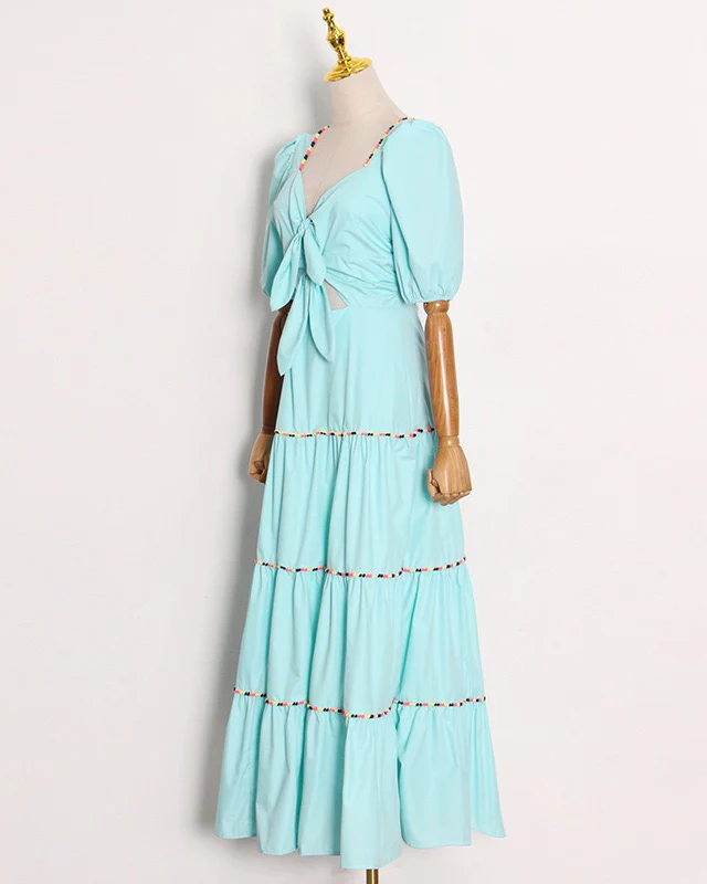 PANKH REI CUT OUT PUFF SLEEVE LONG DRESS