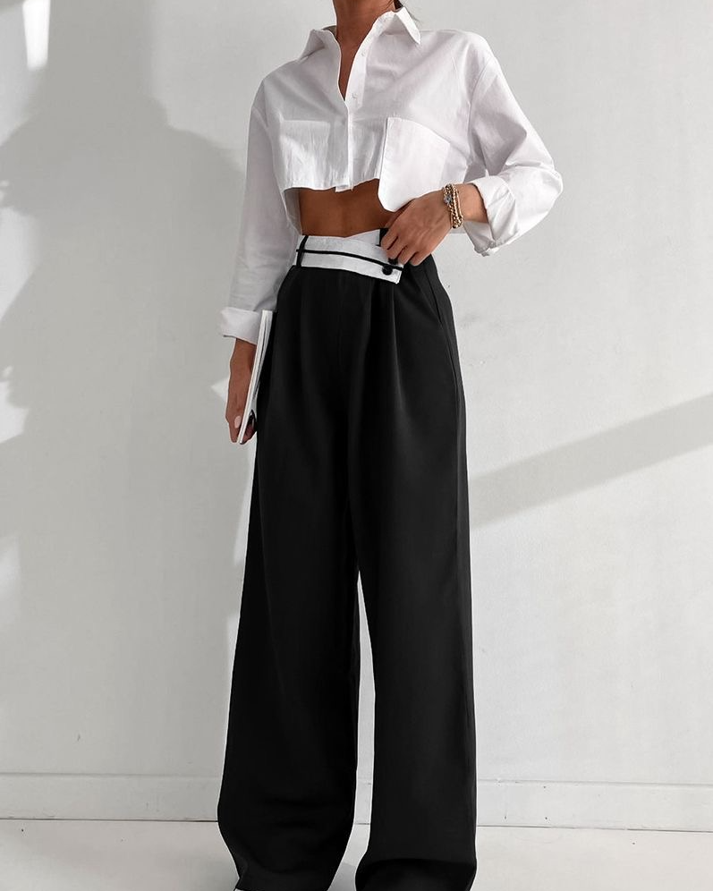 Pankh Pistol Asymmetrical Contrast Waistband Wide Leg Pants/Trouser