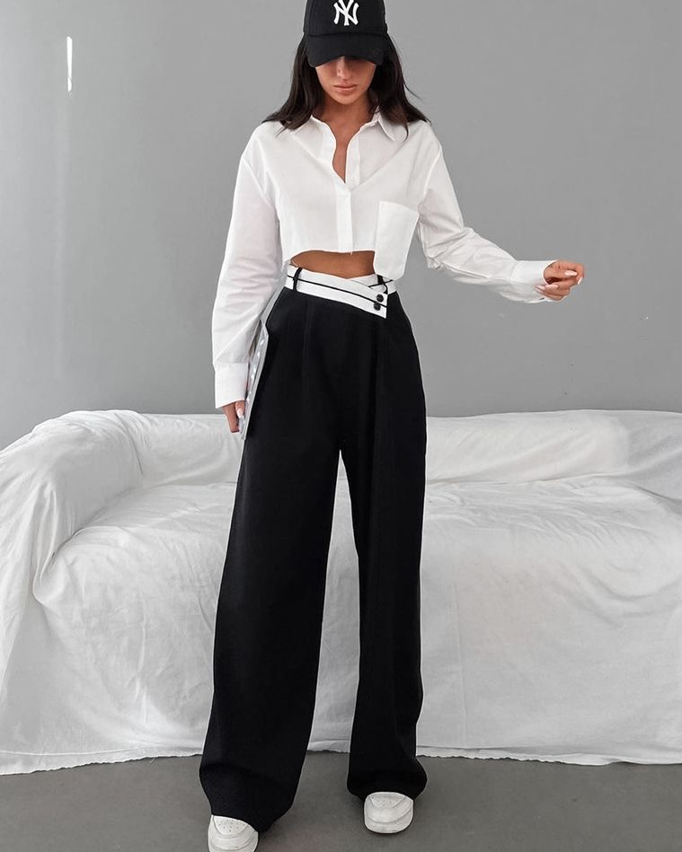 Pankh Pistol Asymmetrical Contrast Waistband Wide Leg Pants/Trouser