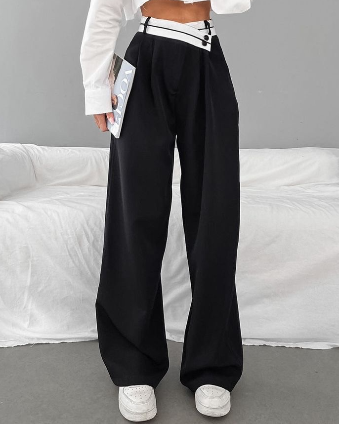 Pankh Pistol Asymmetrical Contrast Waistband Wide Leg Pants/Trouser