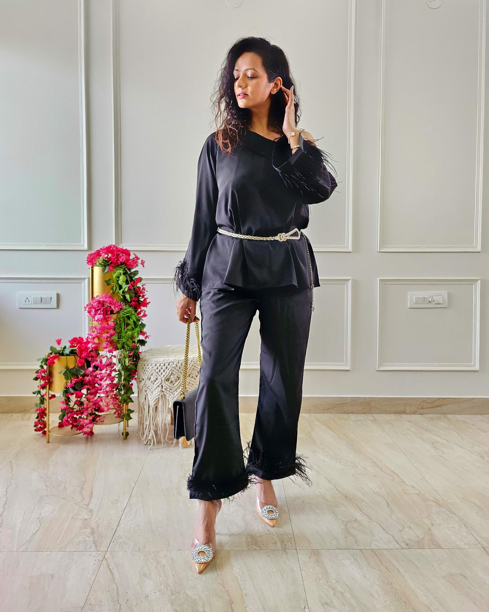 Pankh Archie One Off Shoulder Fur Top And Pant Set