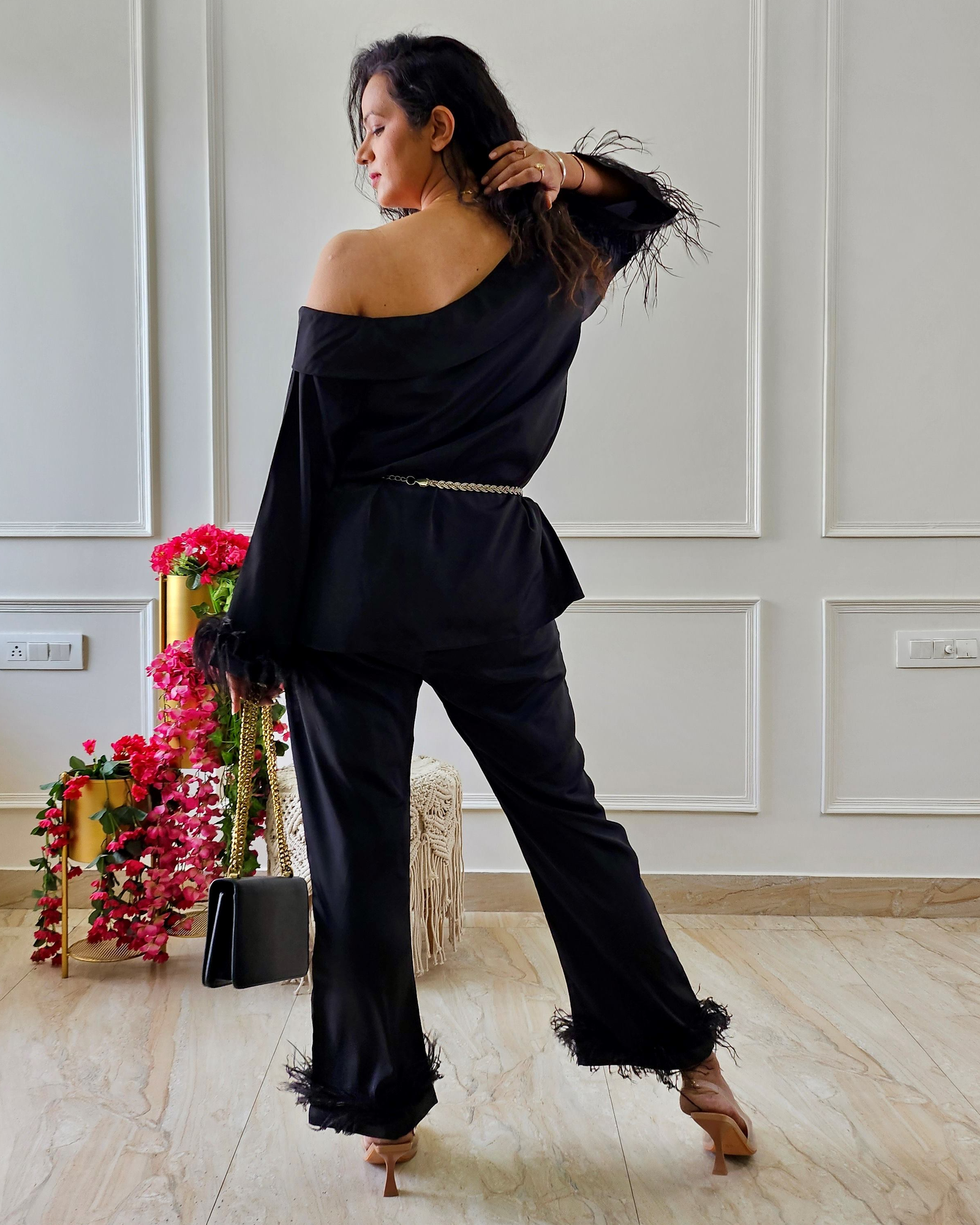 Pankh Archie One Off Shoulder Fur Top And Pant Set