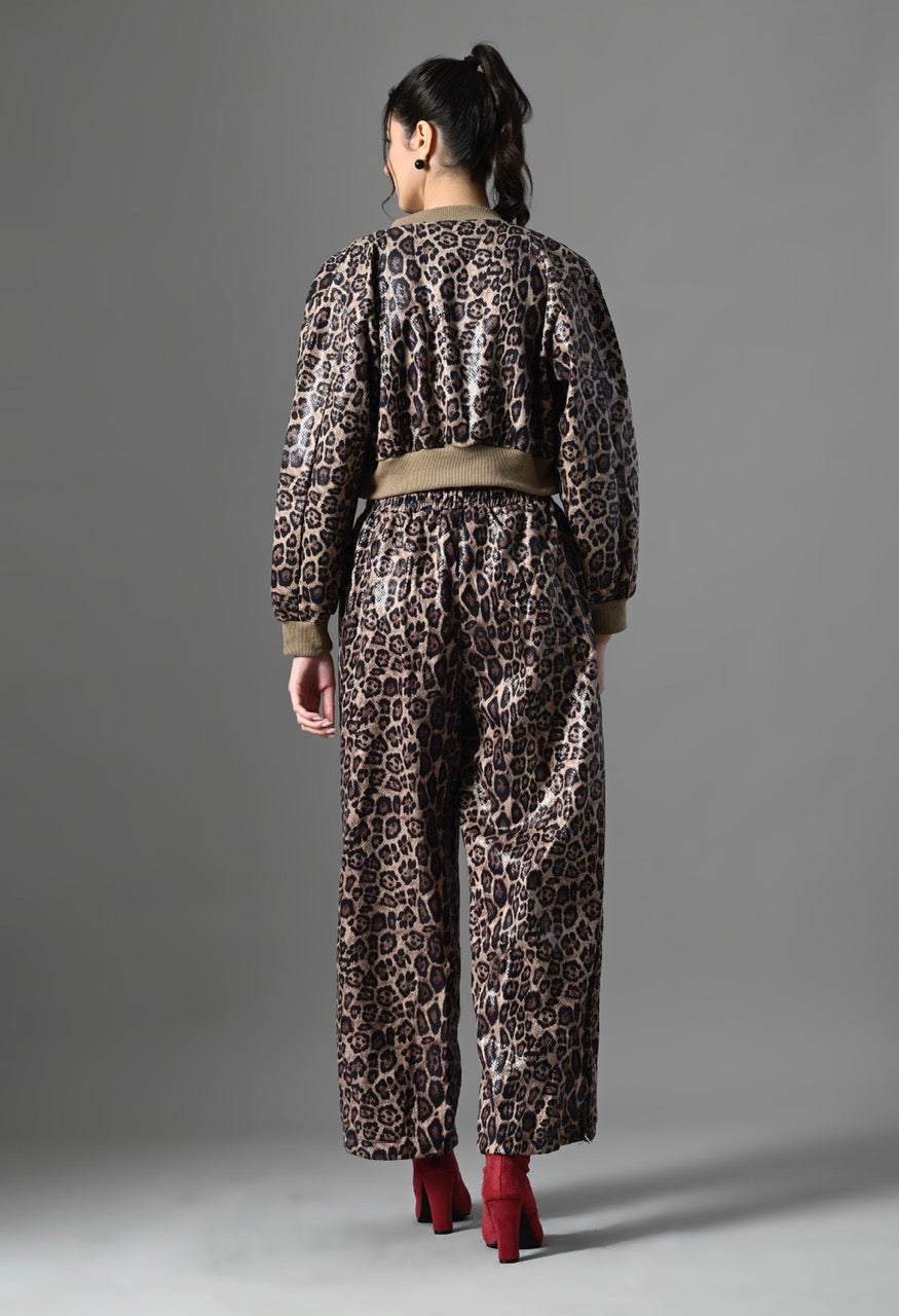 Pankh Leo Leopard Leather Look Cropped Jacket and Jogger Pants Set