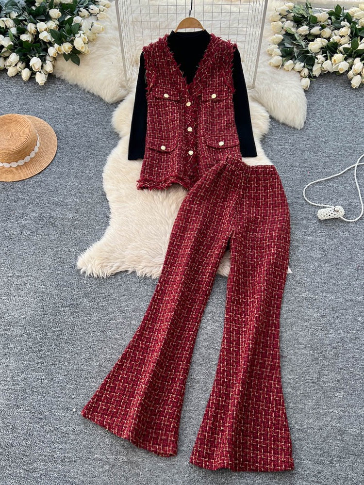 Pankh Fioxie Tweed Sleeveless Blazer and Bootcut Pant with Knit Top 3 Piece Set