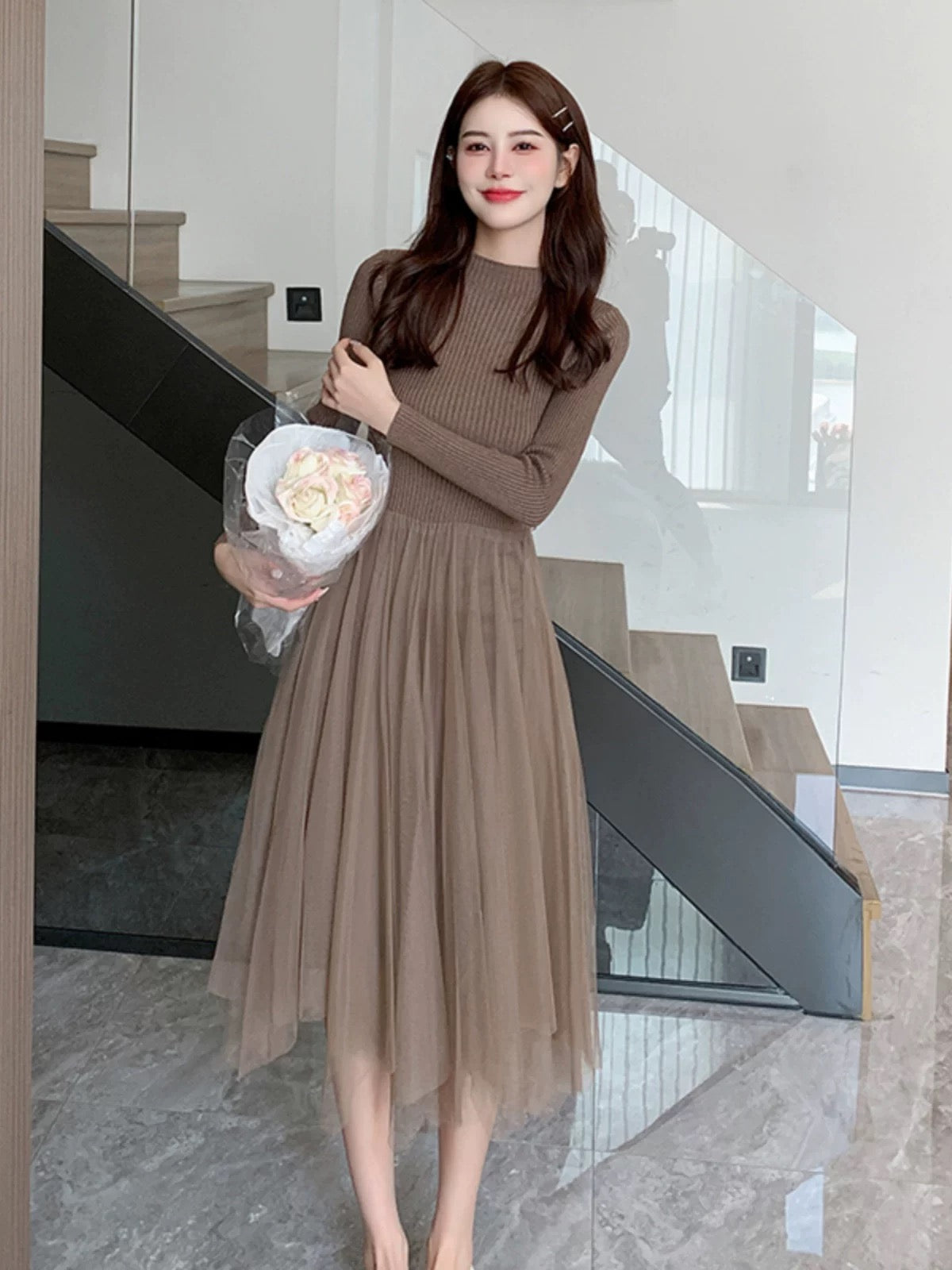 Pankh Karla Knit Wool Dress with Heart Detailing Button Wool Coat