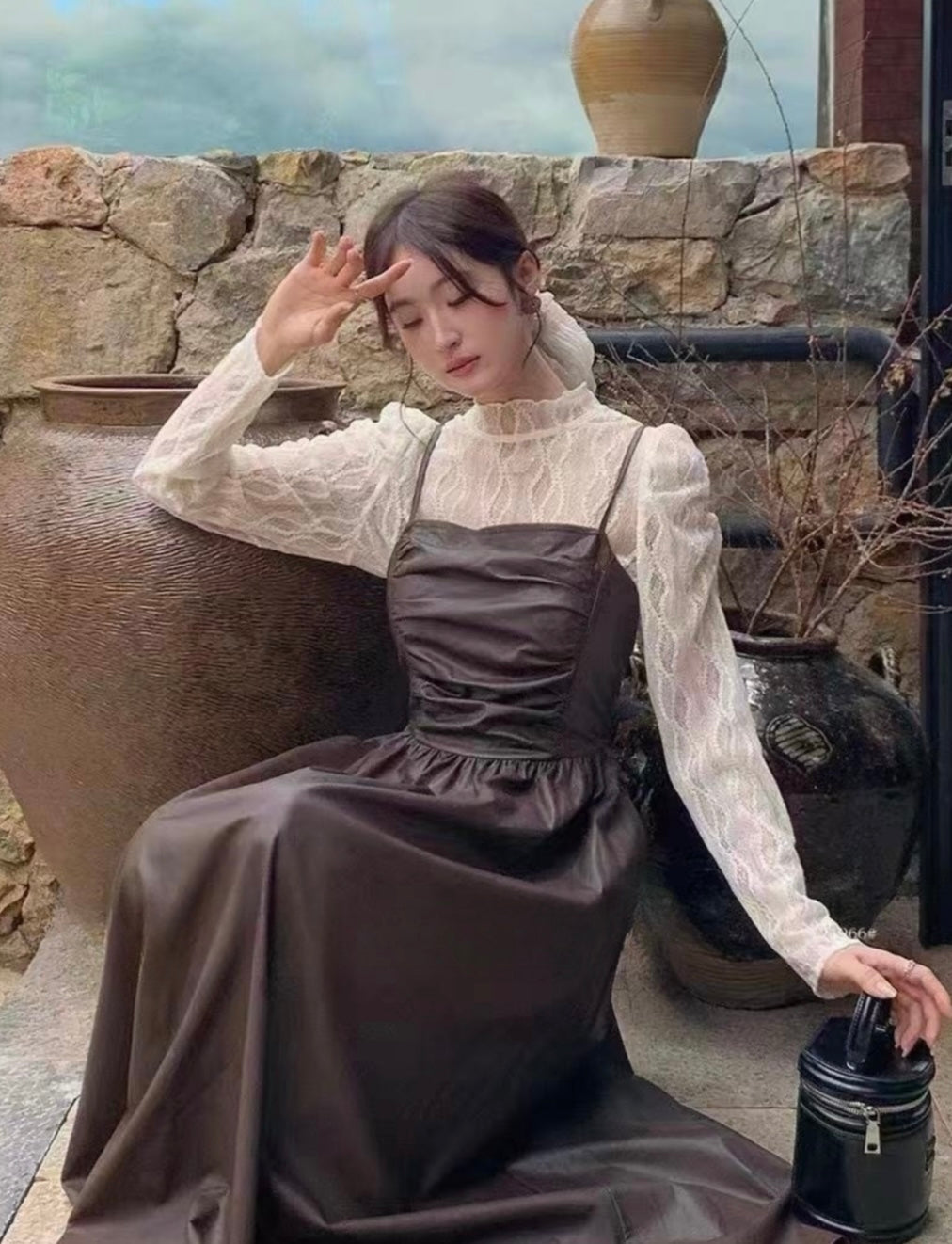 Pankh Xia Square Neck Pu Leather Long Maxi Dress