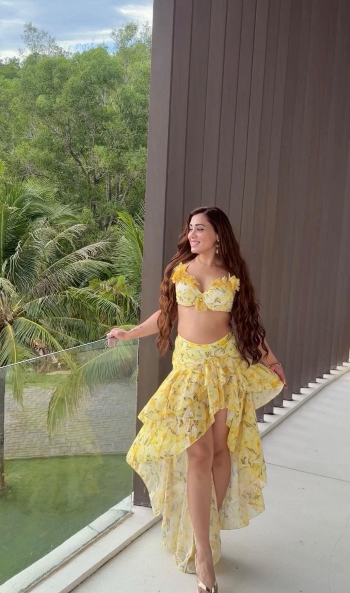 Pankh Emel Sunlit 3D Floral Bikini & Ruffle Skirt Set