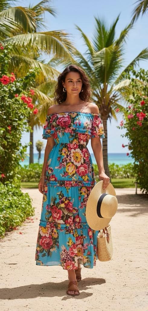 Pankh Alya Off-the-Shoulder Floral Maxi Mul Cotton Dress