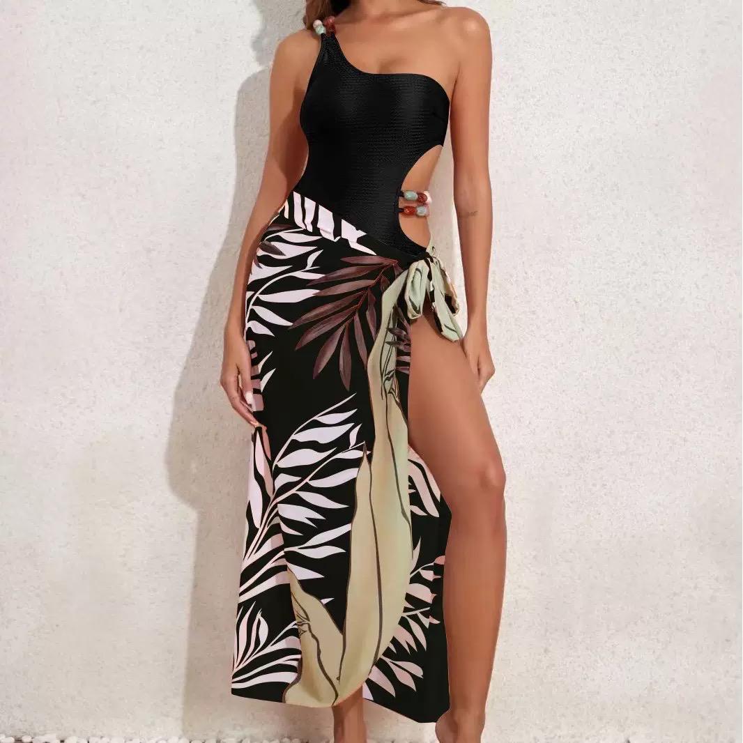 Pankh Liam Tropical Print One-Shoulder Bikini With Tie Up Coverup Swim Set