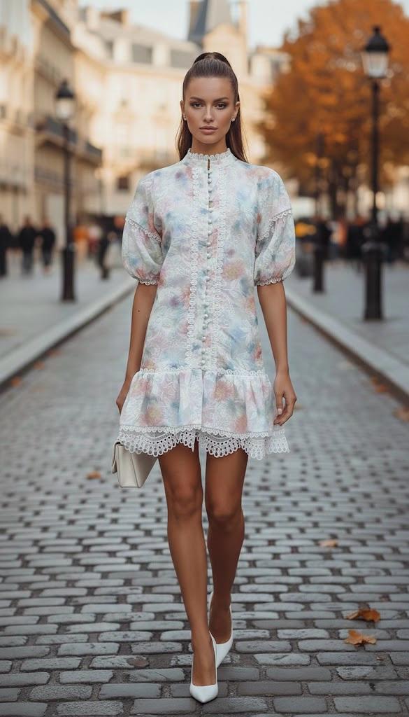 Pankh Vestido High-Neck Floral Lace Mini Dress