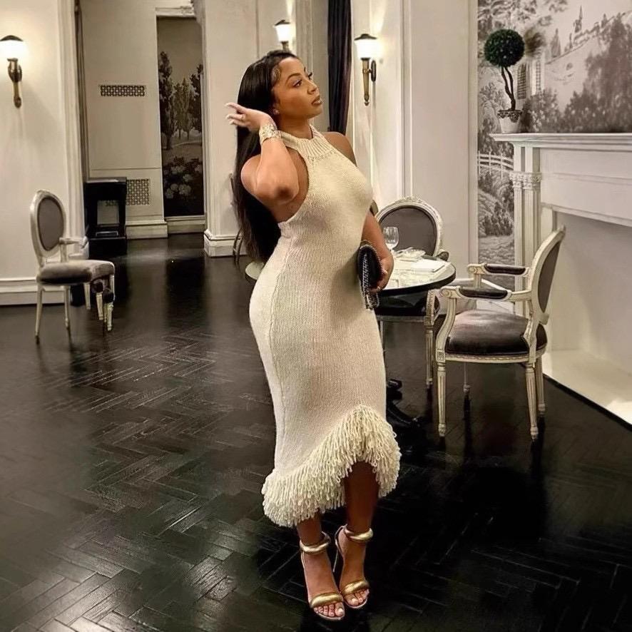 Pankh Vicki Halter Neck Crochet Knit Maxi Tassel Dress