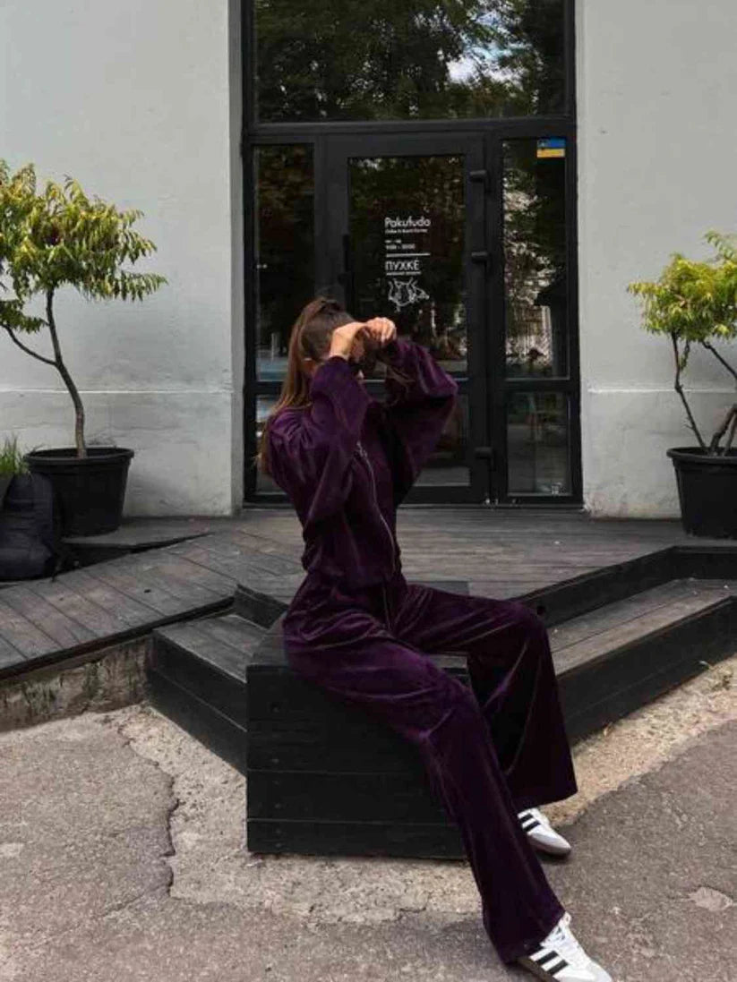 Pankh Aysel Velvet Zipper Hoodie And Wide Leg Pant Coord Set
