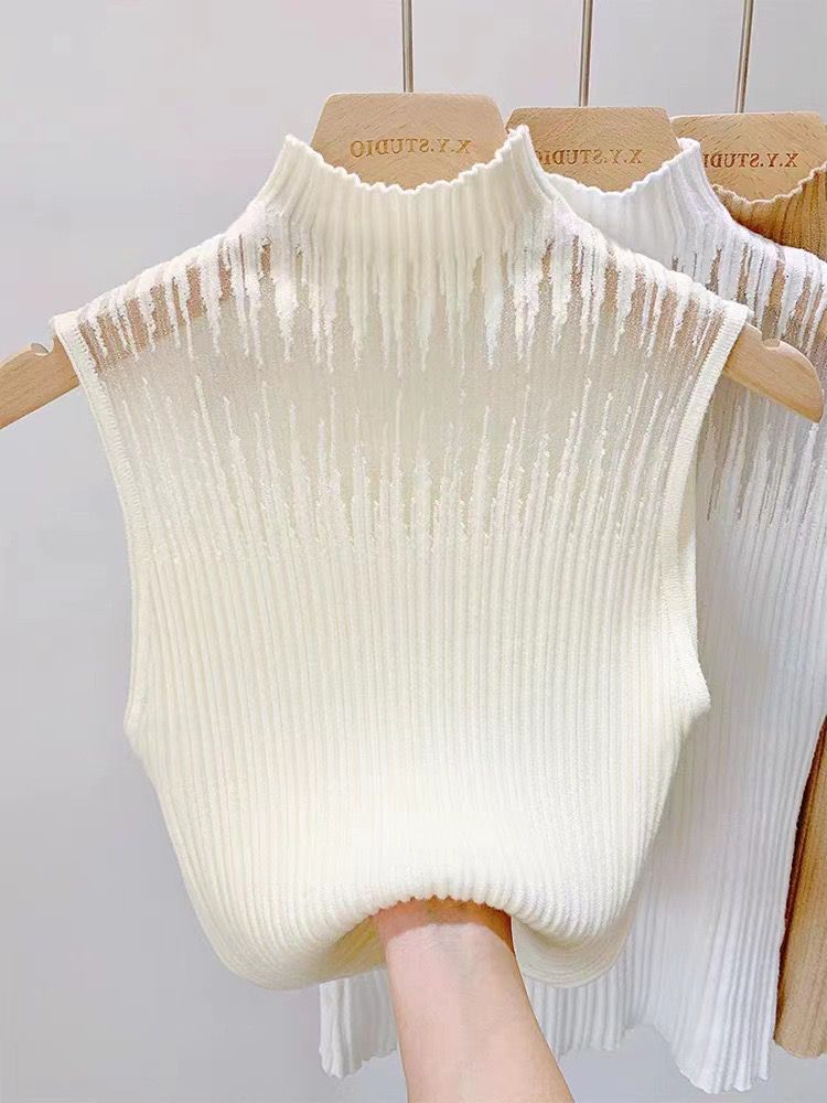 Pankh Meir Chic Mock Neck Mesh See Through Sleeveless Knitted Tank Top