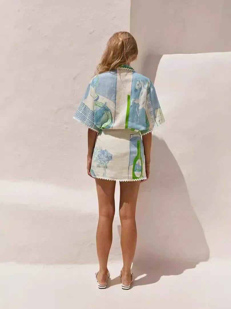 Pankh Iver Printed Short Sleeve Shirt and Wrap Tie-Up Mini Skirt Coord Set