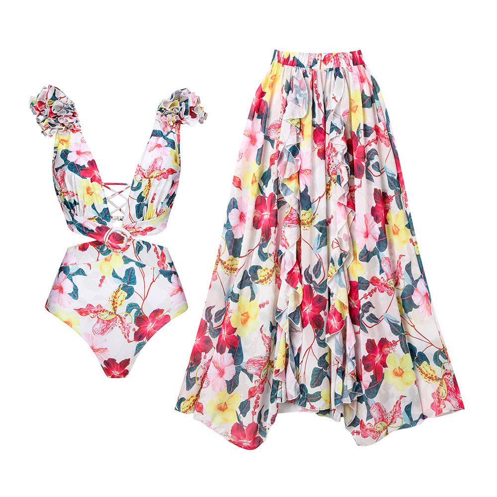 Pankh Florrie Deep Neck Floral Print Cutout Swimsuit With Pleated Skirt Set