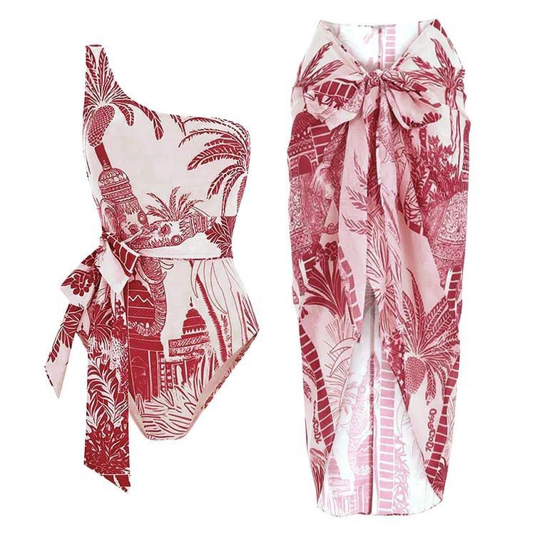 Pankh Cove One Shoulder Coconut Palm Print Swimsuit With Sarong