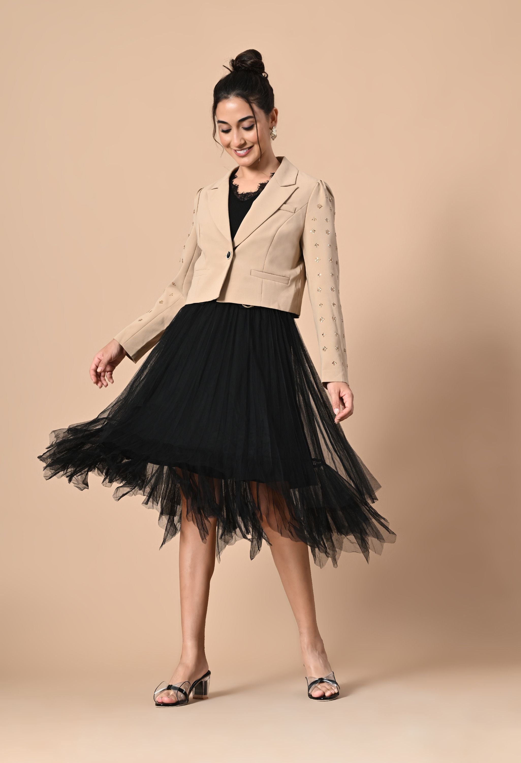 Pankh Dinah Mesh Net Dress With Stone Embellished Blazer 2 Piece Set