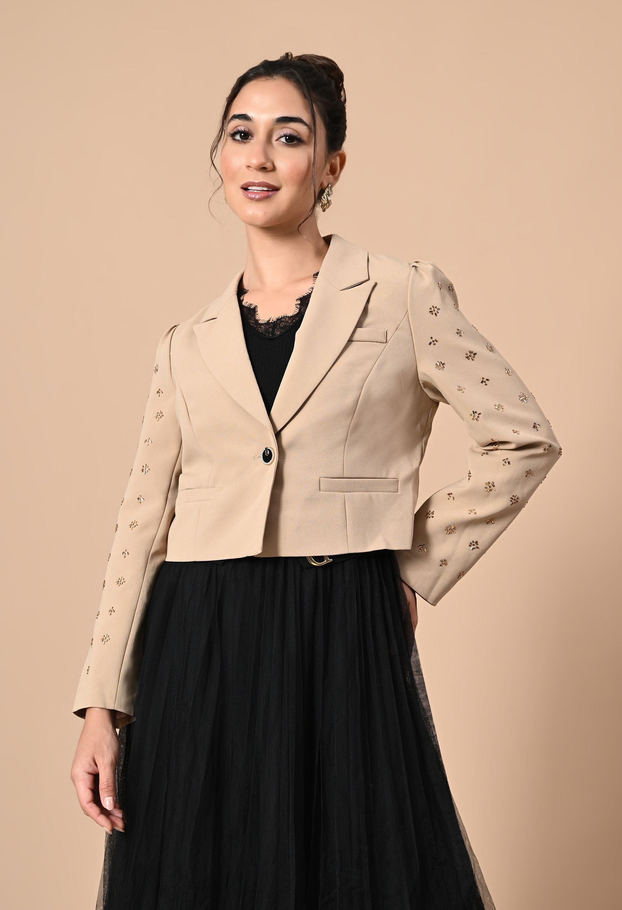 Pankh Dinah Mesh Net Dress With Stone Embellished Blazer 2 Piece Set