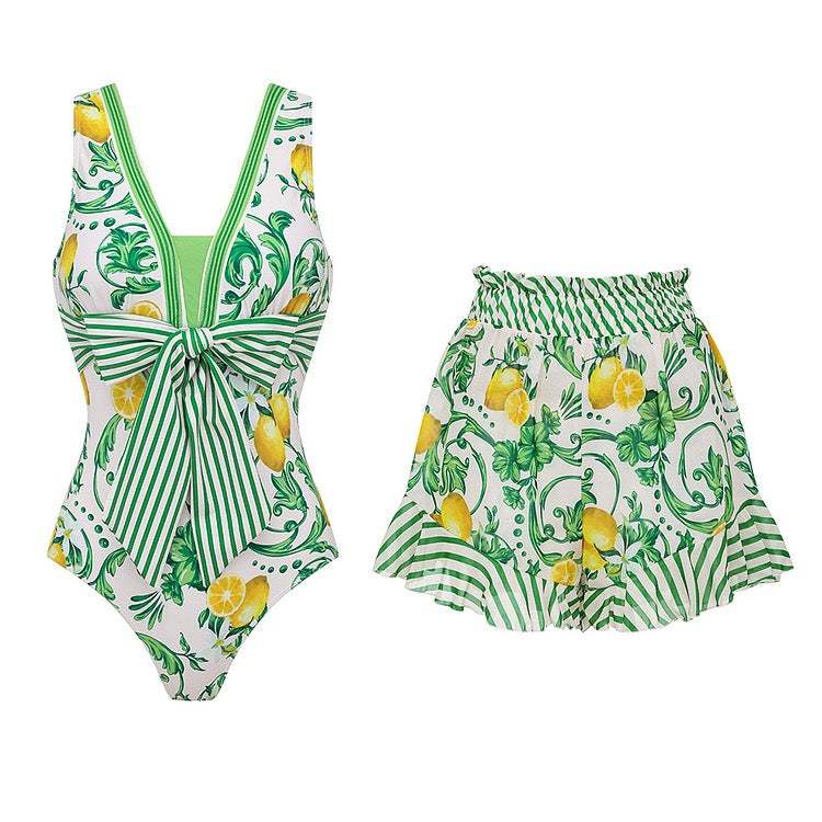 Pankh Berry Monokini Bodysuit And Skirt Set