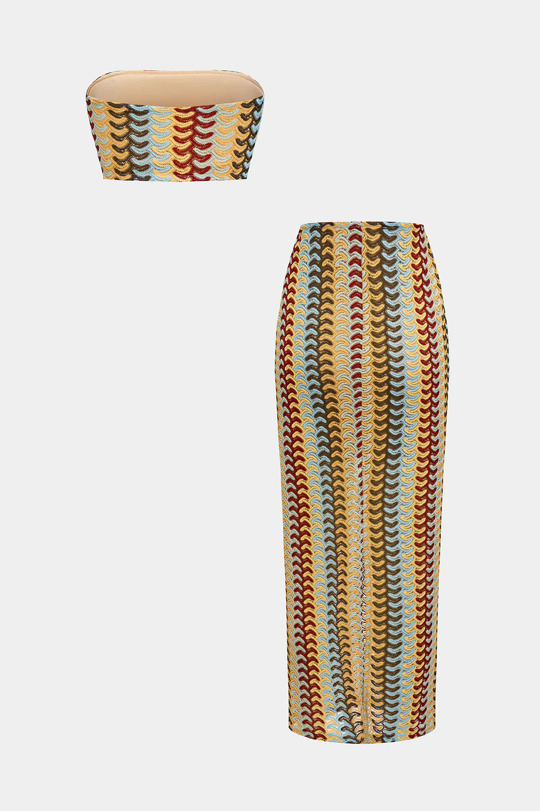 Pankh Sydney Elegant Contrast Color Crochet Tube Top and Skirt Set