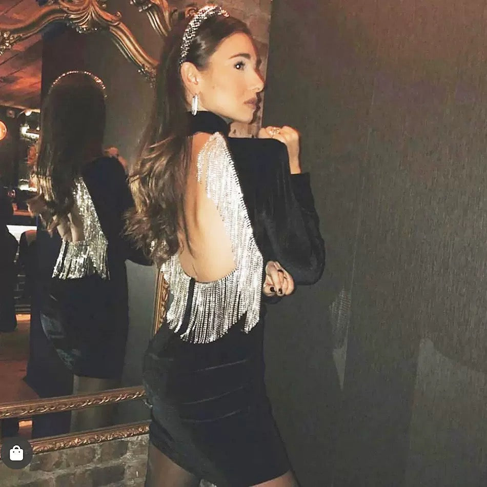 Pankh Roger velvet backless chain tasseled party dress