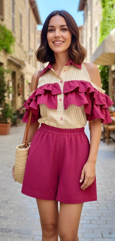 Pankh Velina Casual Cold Shoulder Sleeves Gingham Shirt And Short Set