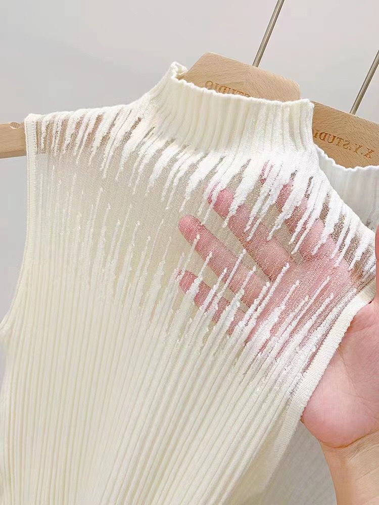 Pankh Meir Chic Mock Neck Mesh See Through Sleeveless Knitted Tank Top