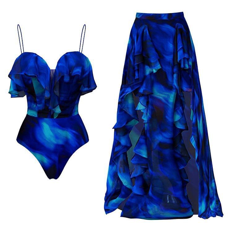 Pankh Ciara Elegance Blue Tie And Dye Ruffle Monokini With Ruffle Skirt Set