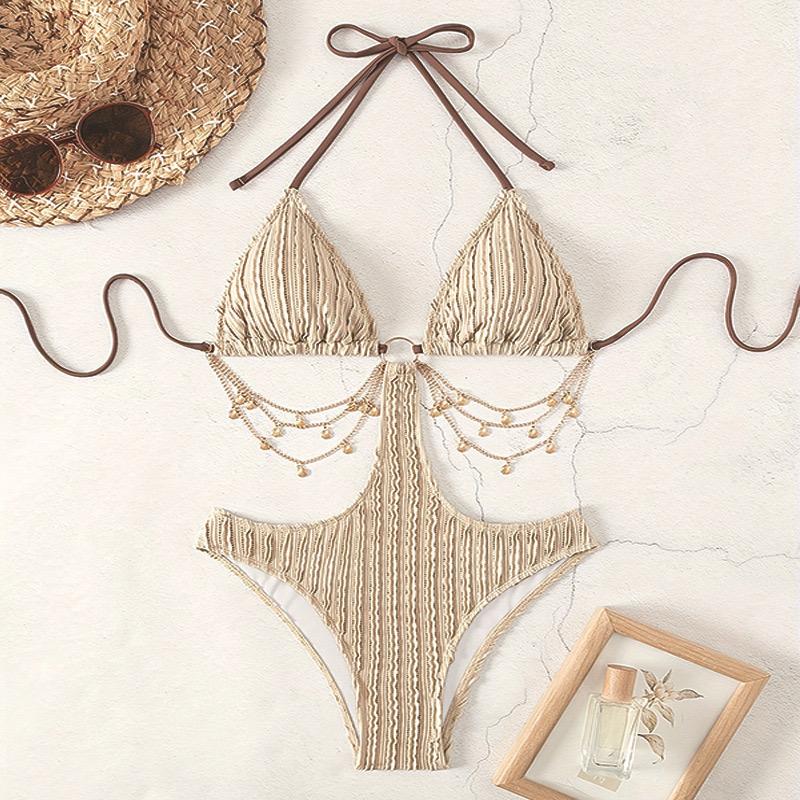 Pankh Kaleb Cut High Waisted Chain One Piece Swimwear Bikini Set