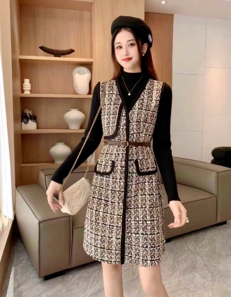 Pankh Xixi Tweed Formal Autumn Winter Dress with Black Knit Top