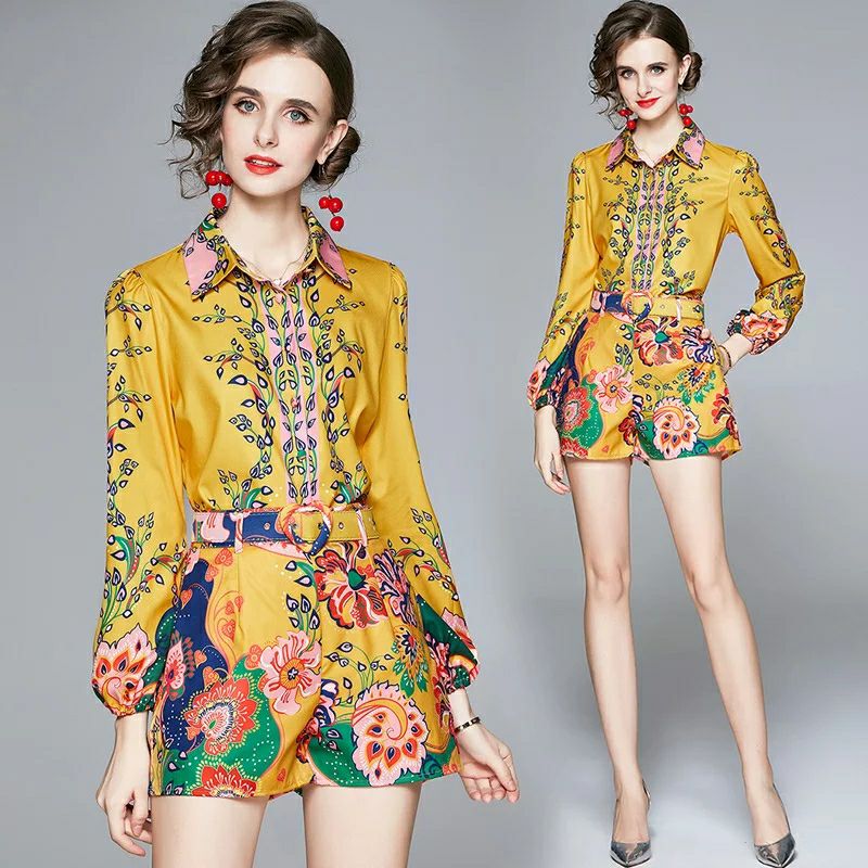 Pankh Sunny Casual Printed Collar Shirt And Short Set With Belt
