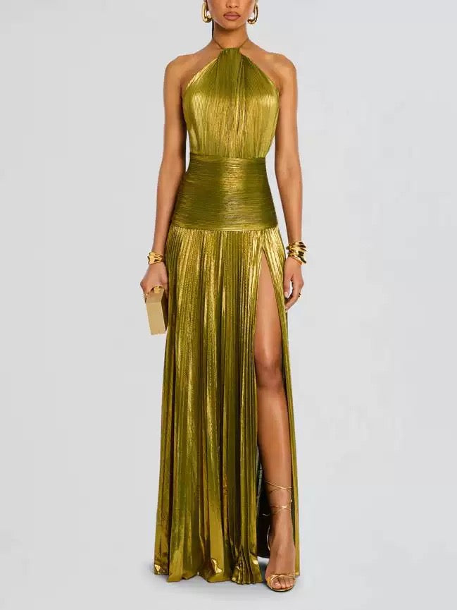 Pankh Inney Metallic Pleated Evening Maxi Dress